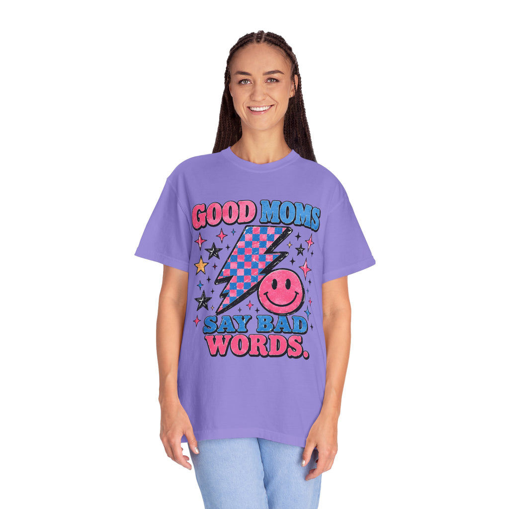 Good Moms Say Bad Words Graphic T-Shirt — Retro Smile Lightning Tee