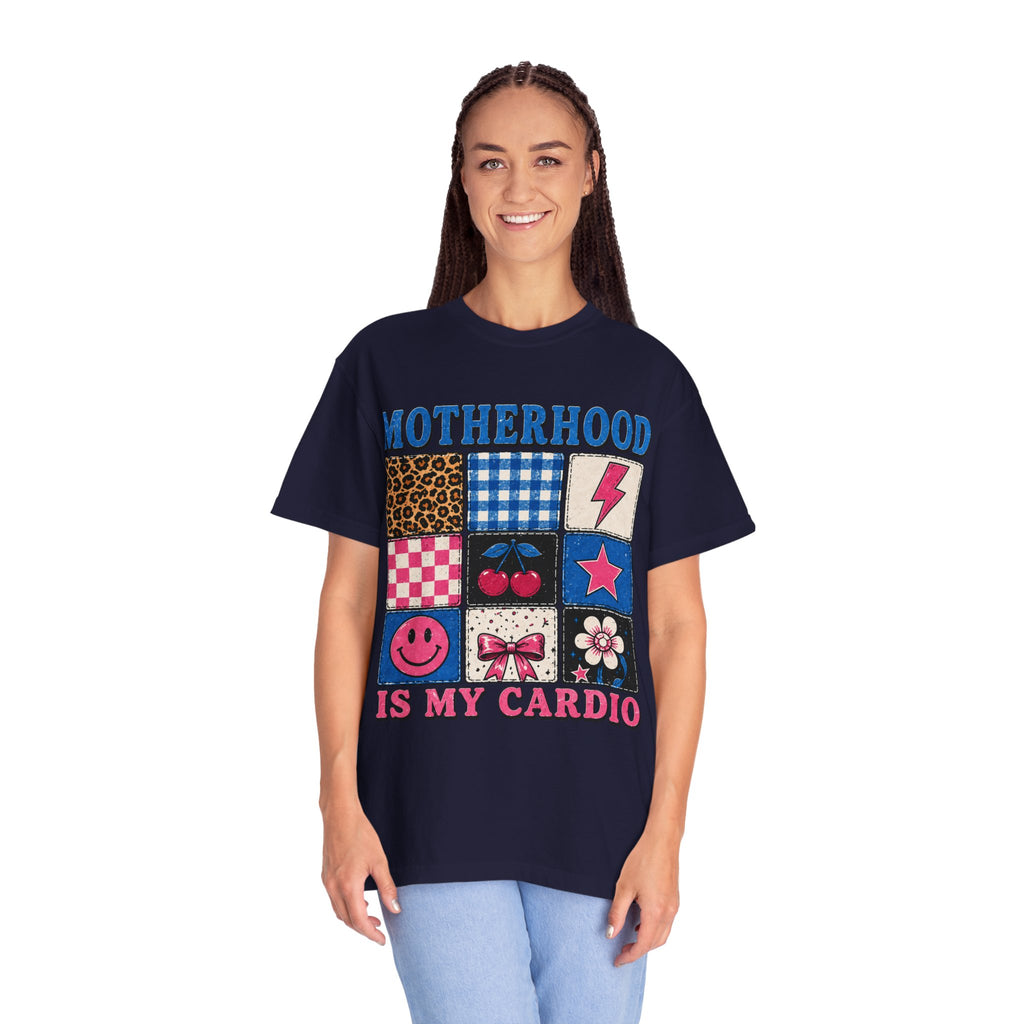 Motherhood Is My Cardio T-Shirt — Cute Patchwork Mom Graphic Tee