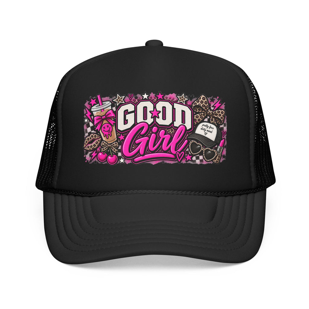 Good Girl Foam Trucker Hat — Pink Skull & Leopard Patch Cap