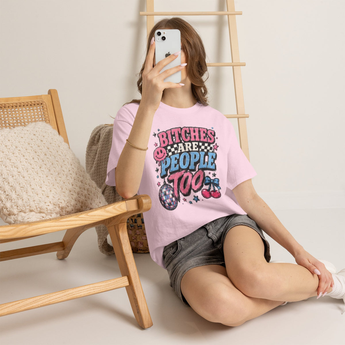 Graphic Tee — "Bitches Are People Too" Retro Pink & Blue