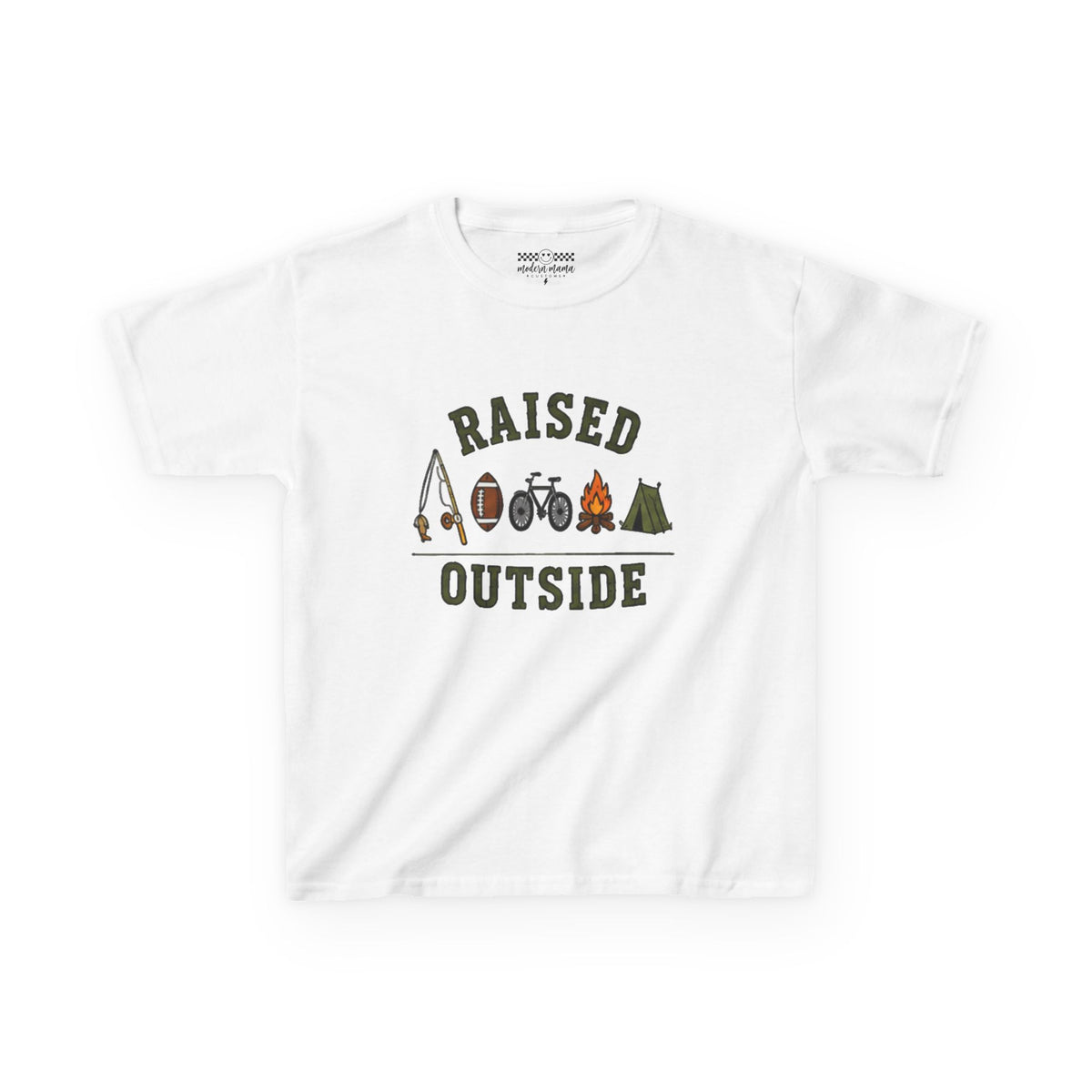 Kids Tee — "Raised Outside" Outdoor Camping & Adventure Graphic