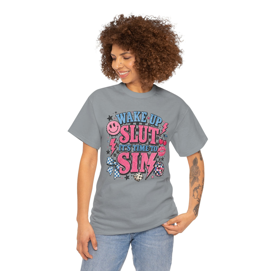 Graphic Tee — "Wake Up Slut, It's Time to Sin" Retro Pink Pop Design