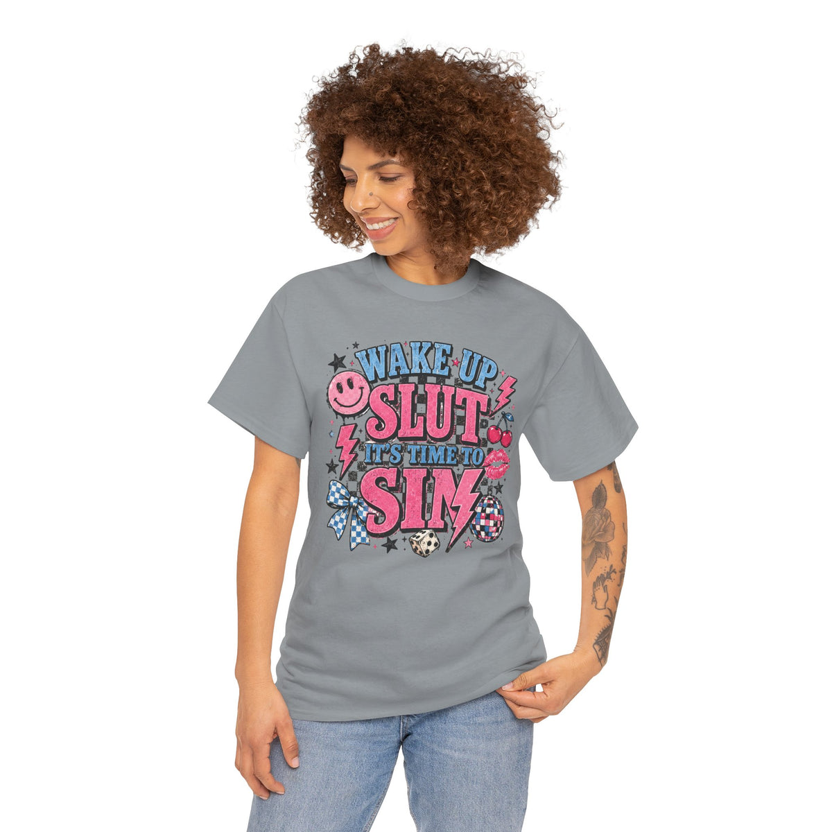 Graphic Tee — "Wake Up Slut, It's Time to Sin" Retro Pink Pop Design