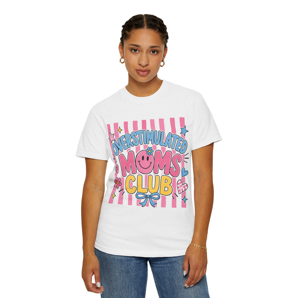 Overstimulated Moms Club T-Shirt — Cute Retro Pink Graphic Tee for Tired Moms