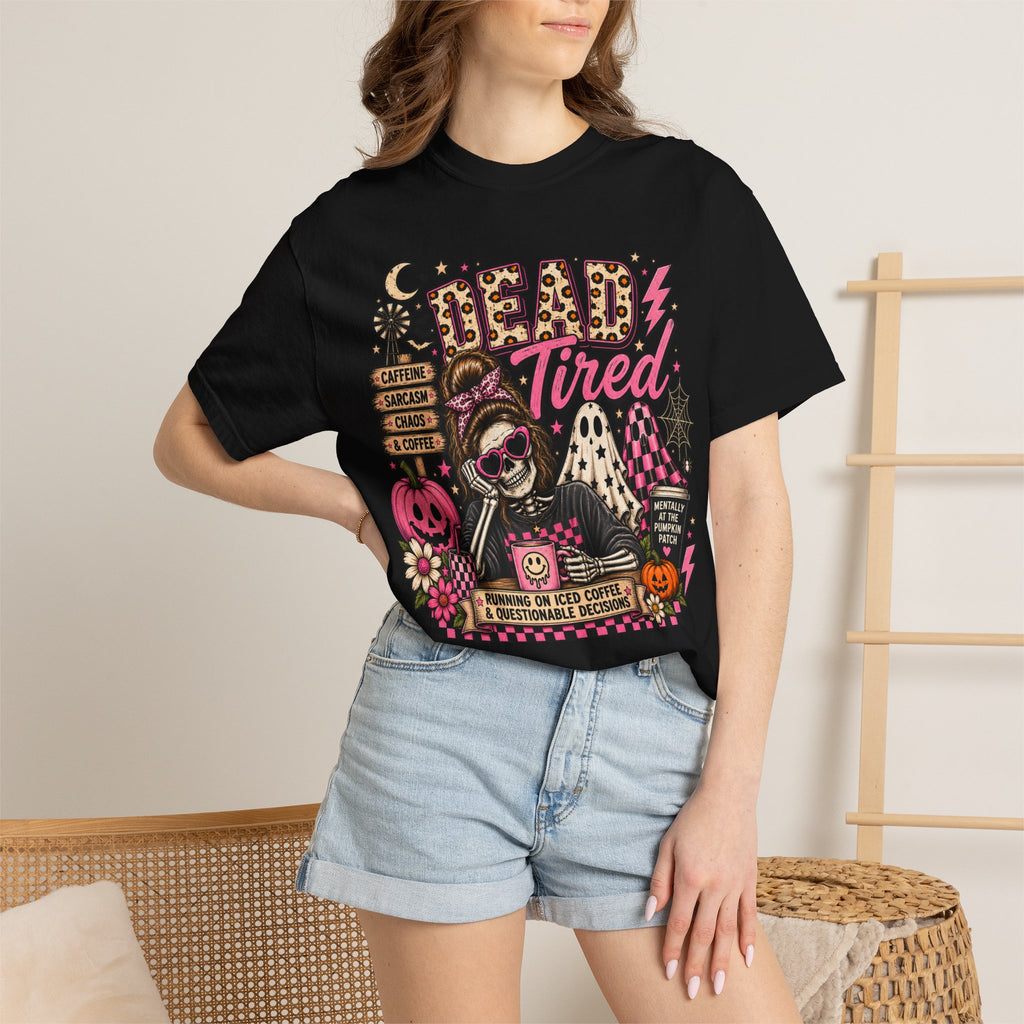 Dead Tired Halloween T-Shirt — Cute Gothic Skull Pumpkin Coffee Tee