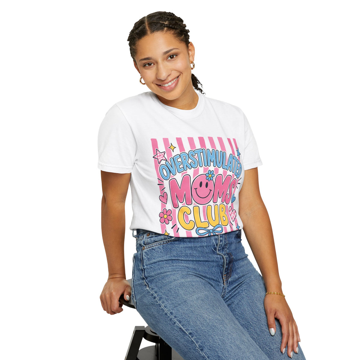 Overstimulated Moms Club T-Shirt — Cute Retro Pink Graphic Tee for Tired Moms