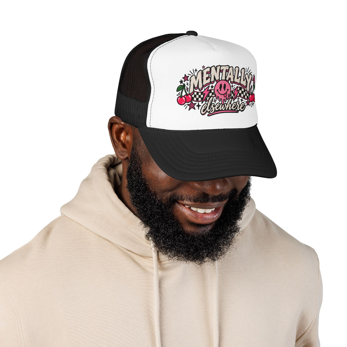 Mentally Elsewhere Trucker Hat – Retro Smiley Cherry Foam Cap