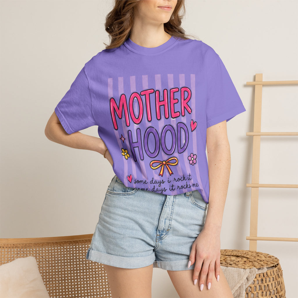 Motherhood Graphic T-Shirt — Cute Striped Mom Tee ("Mother Hood")