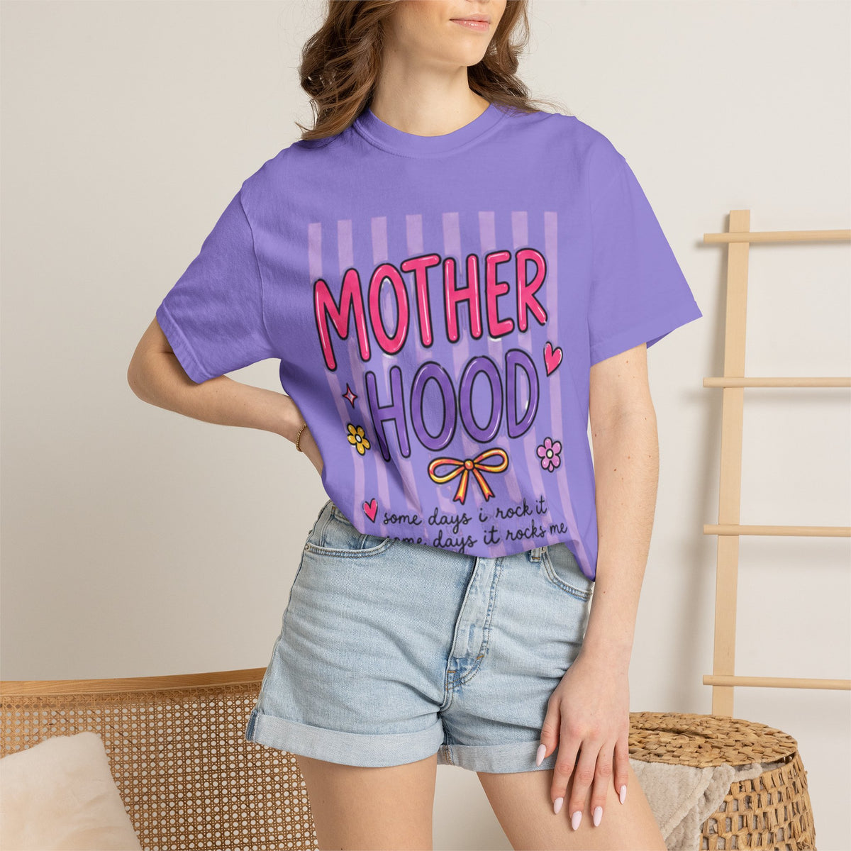 Motherhood Graphic T-Shirt — Cute Striped Mom Tee ("Mother Hood")