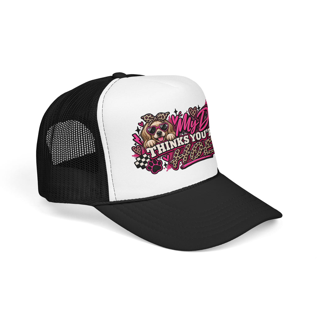 Dog Mom Trucker Hat – "My Dog Thinks You’re A" Pink Leopard Foam Cap