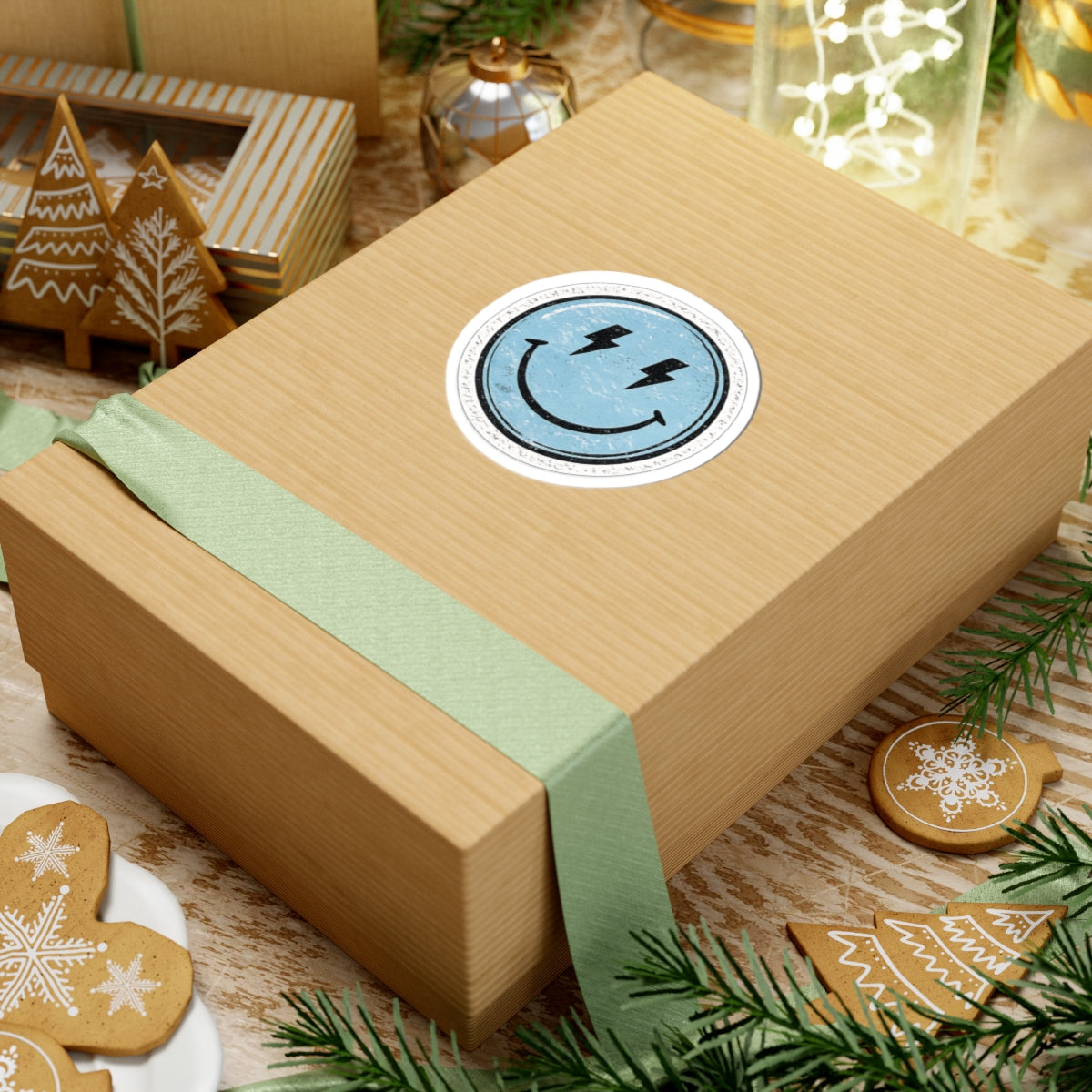 Smiley Lightning Kiss-Cut Sticker — Retro Distressed Blue Smiley Face Decal for Laptops & Water Bottles