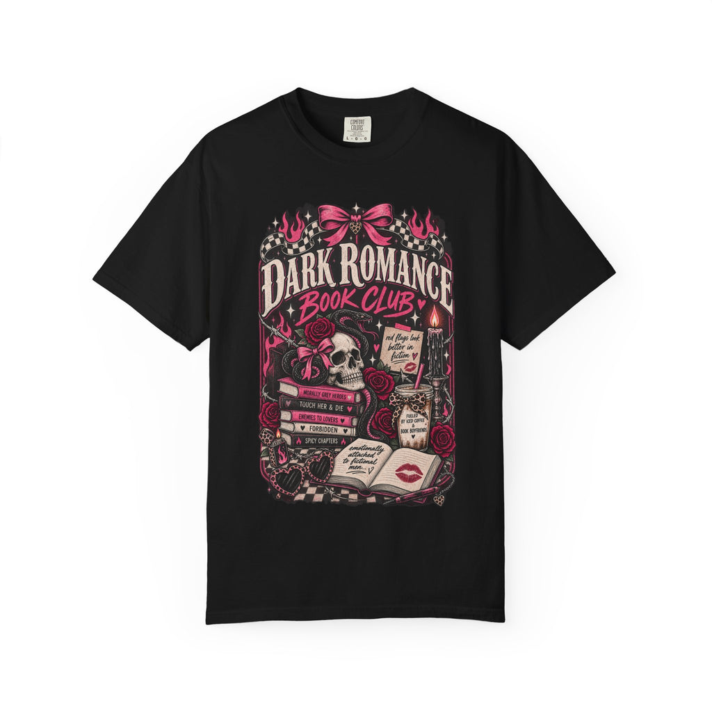 Dark Romance Book Club T-Shirt — Gothic Skull & Stacked Books Design