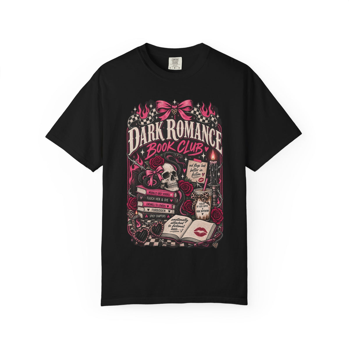 Dark Romance Book Club T-Shirt — Gothic Skull & Stacked Books Design