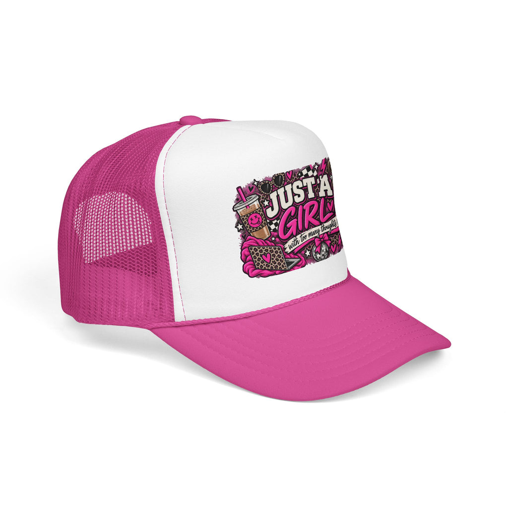 Just a Girl Foam Trucker Hat — Feminine Pink Retro Graphic Cap