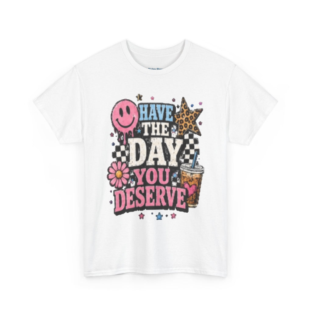 Have the Day You Deserve Graphic Tee — Retro Smile, Leopard Star & Floral Positive Message