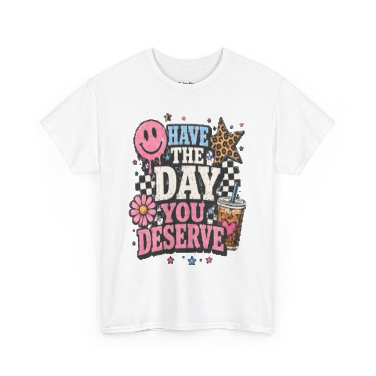 Have the Day You Deserve Graphic Tee — Retro Smile, Leopard Star & Floral Positive Message