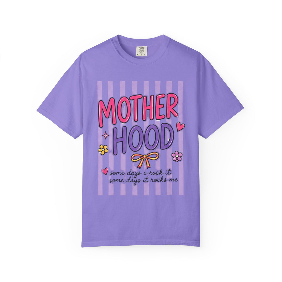 Motherhood Graphic T-Shirt — Cute Striped Mom Tee ("Mother Hood")