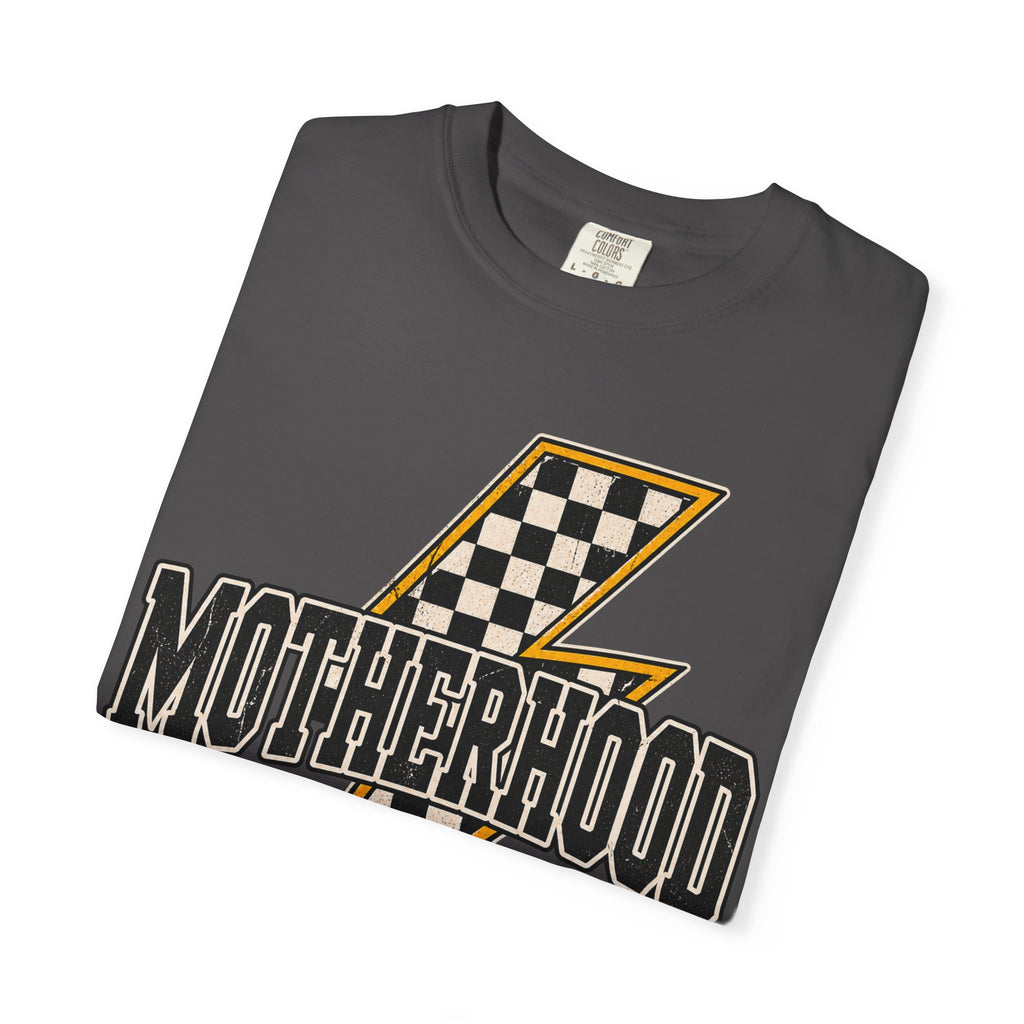 Motherhood Lightning Bolt T-Shirt — Retro Checkered Graphic Tee for Moms