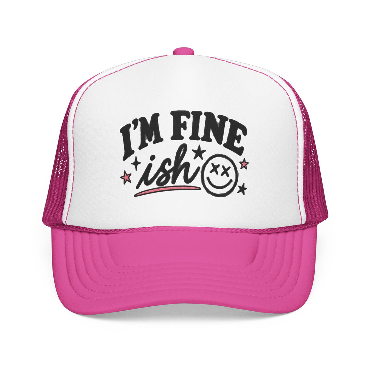 I'm Fine-ish Trucker Hat – Funny Retro Smiley Foam Mesh Cap