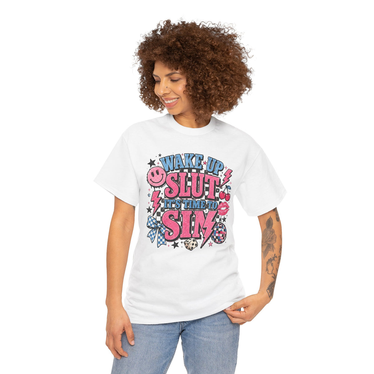 Graphic Tee — "Wake Up Slut, It's Time to Sin" Retro Pink Pop Design