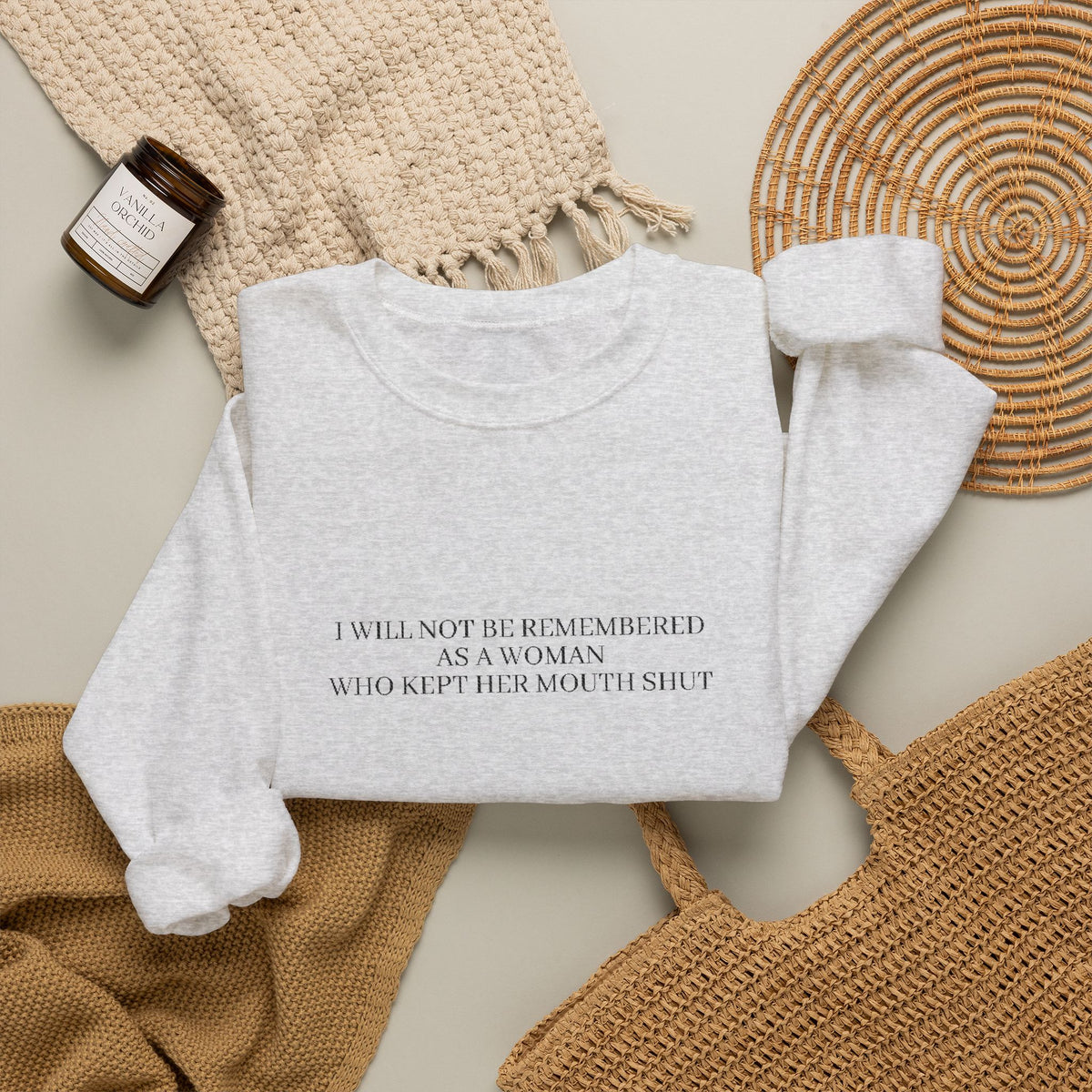 White Minimalist Crewneck Sweatshirt with Subtle Quote Print
