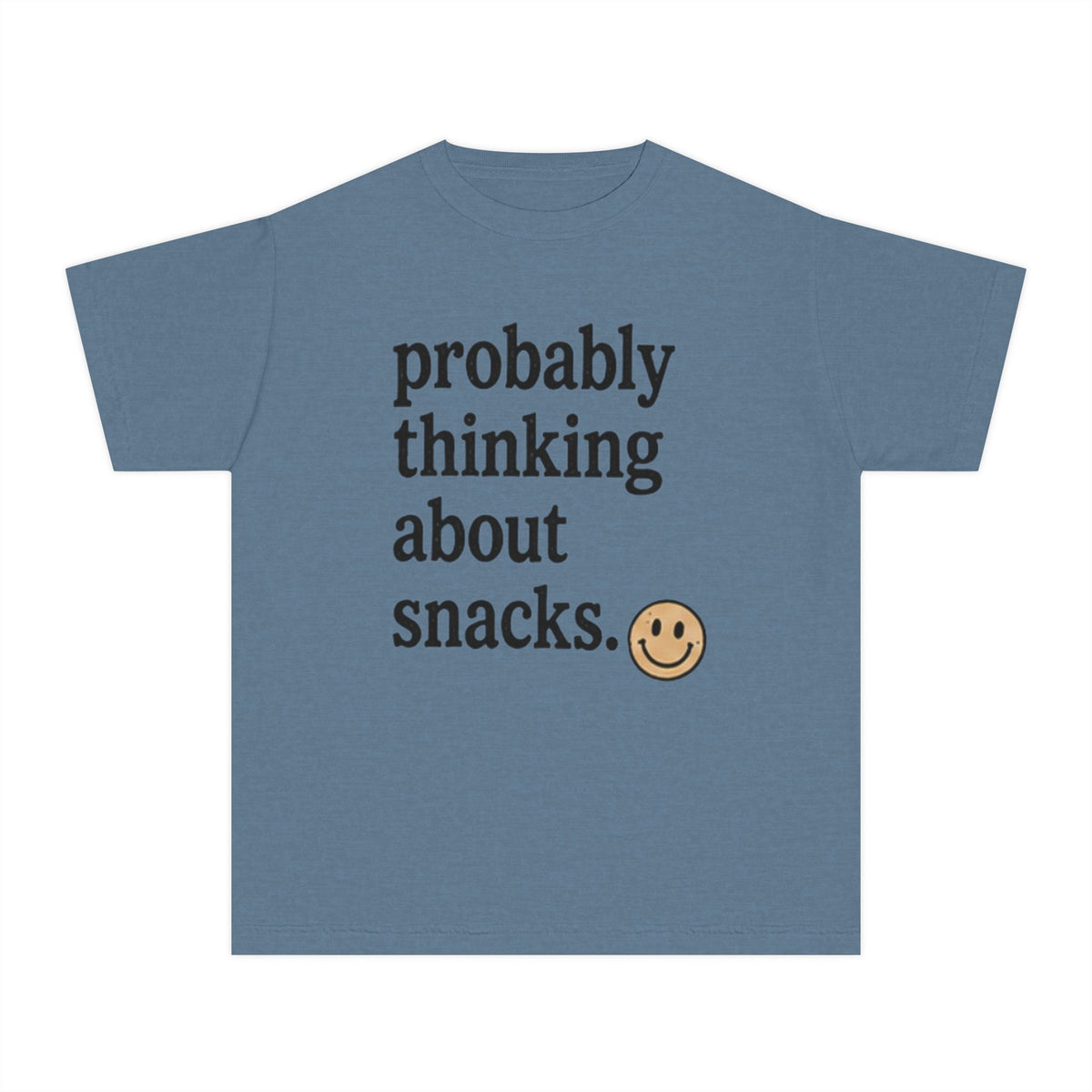 Youth Tee — "Probably Thinking About Snacks." Graphic Kids T‑Shirt, Cute Smiley Snack Shirt