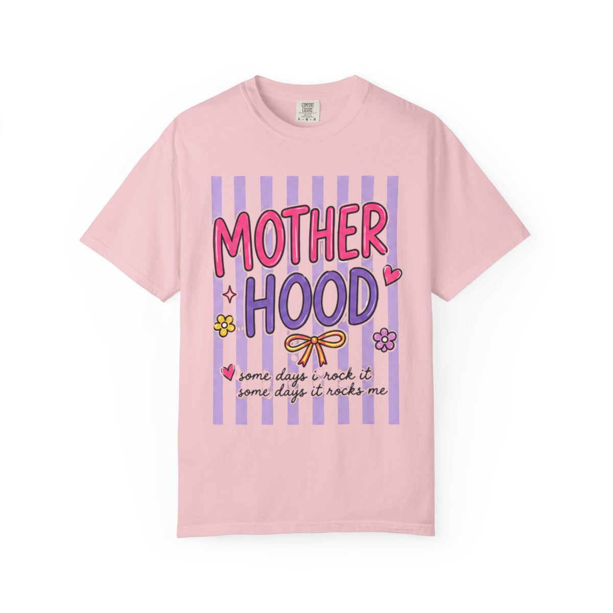 Motherhood Graphic T-Shirt — Cute Striped Mom Tee ("Mother Hood")