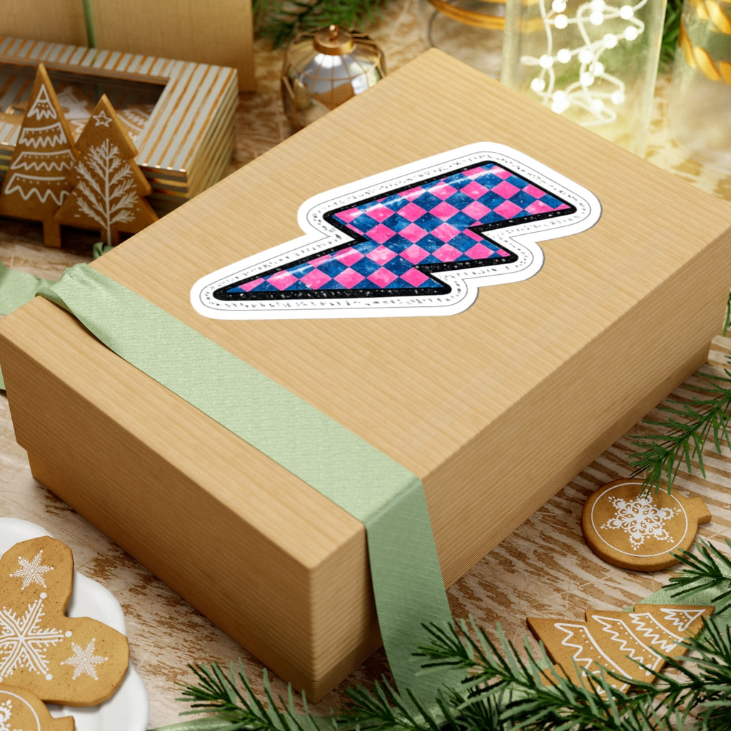 Pink & Blue Checkered Lightning Bolt Sticker — Retro Skate Aesthetic Kiss-Cut Sticker