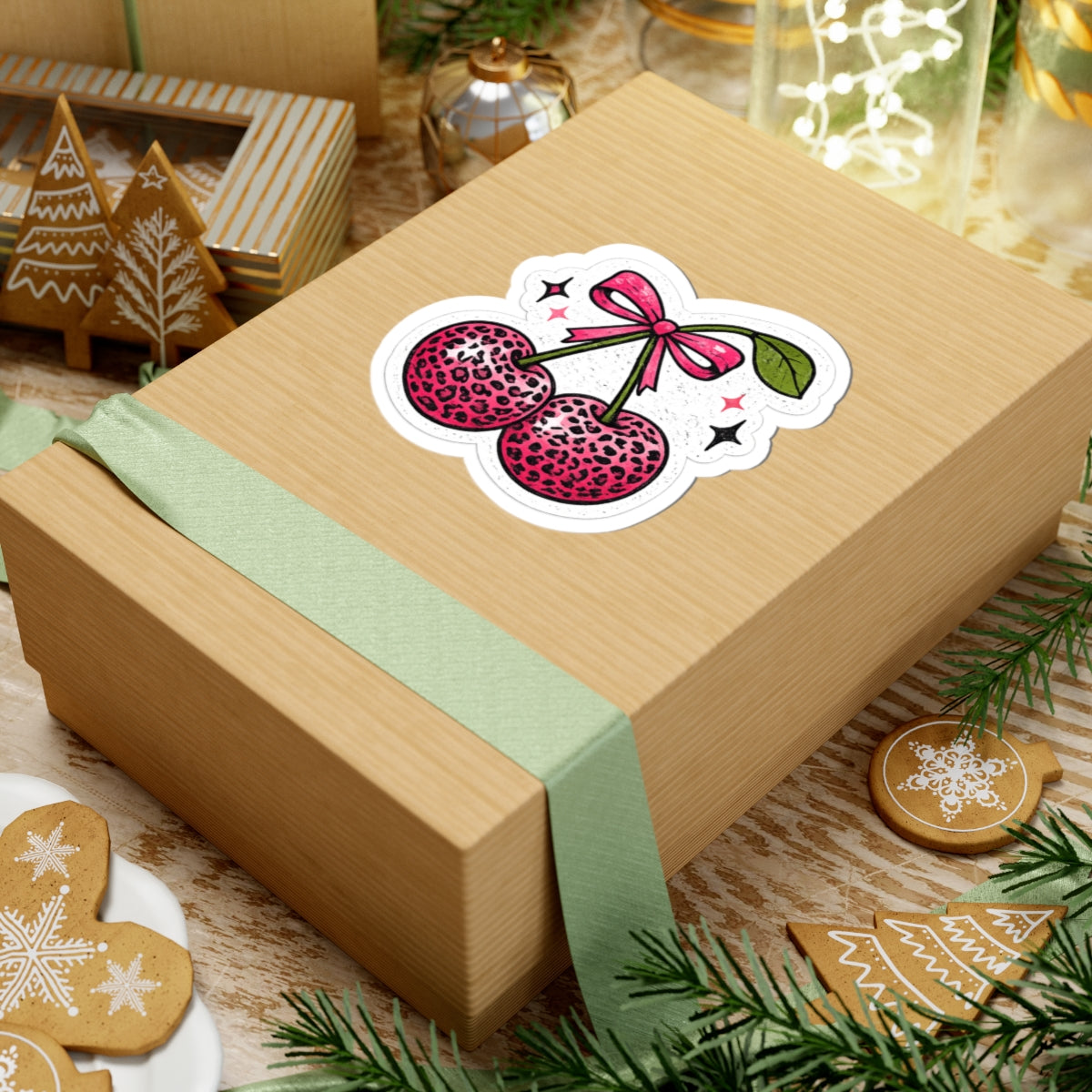 Pink Leopard Cherry Sticker — Cute Retro Kawaii Laptop Decal
