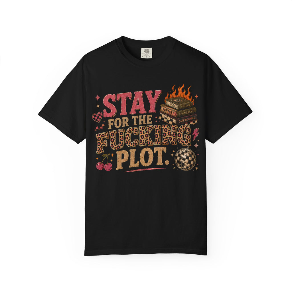 T-Shirt — “Stay for the F***ing Plot” Retro Horror Book & Cherry Graphic