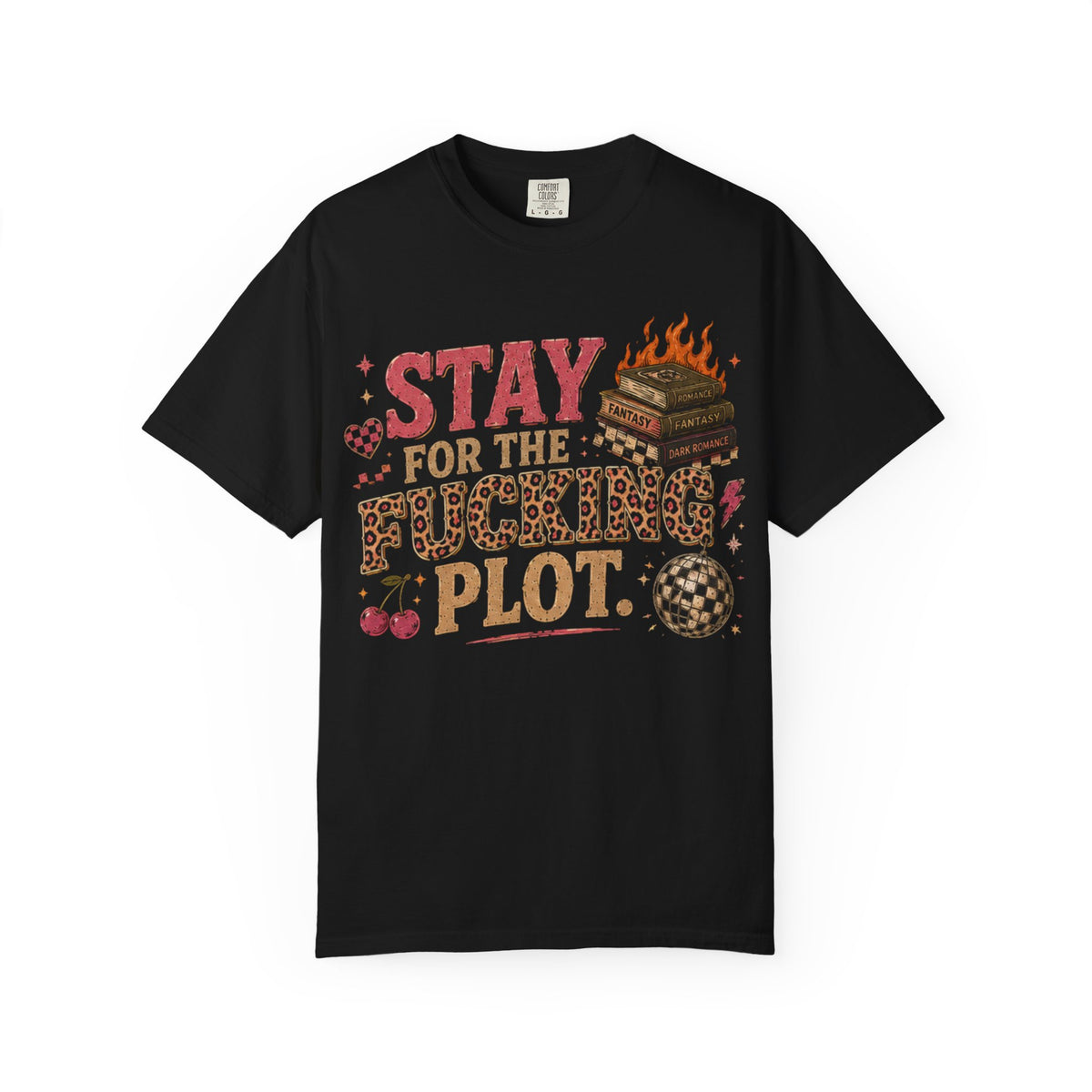 T-Shirt — “Stay for the F***ing Plot” Retro Horror Book & Cherry Graphic
