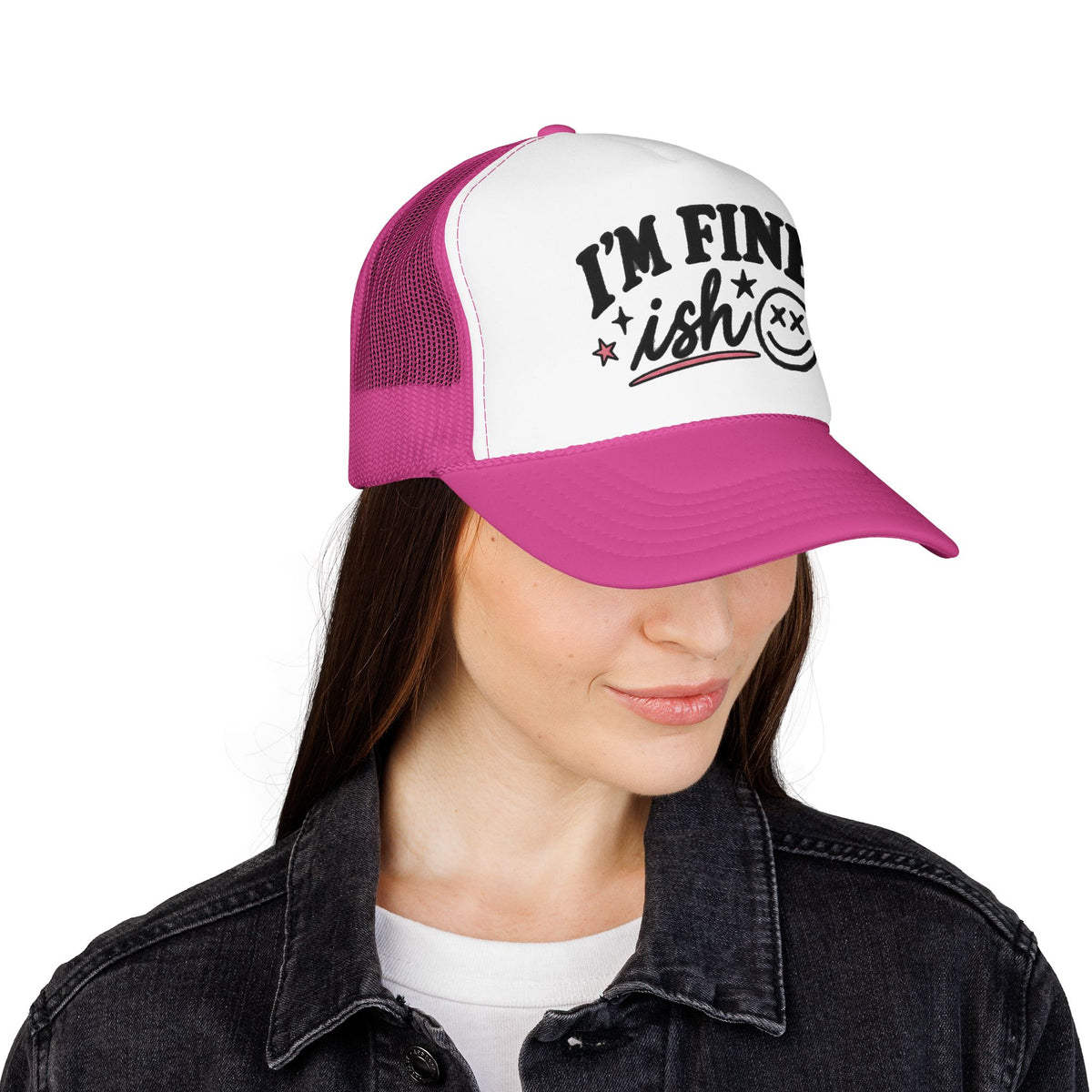 I'm Fine-ish Trucker Hat – Funny Retro Smiley Foam Mesh Cap