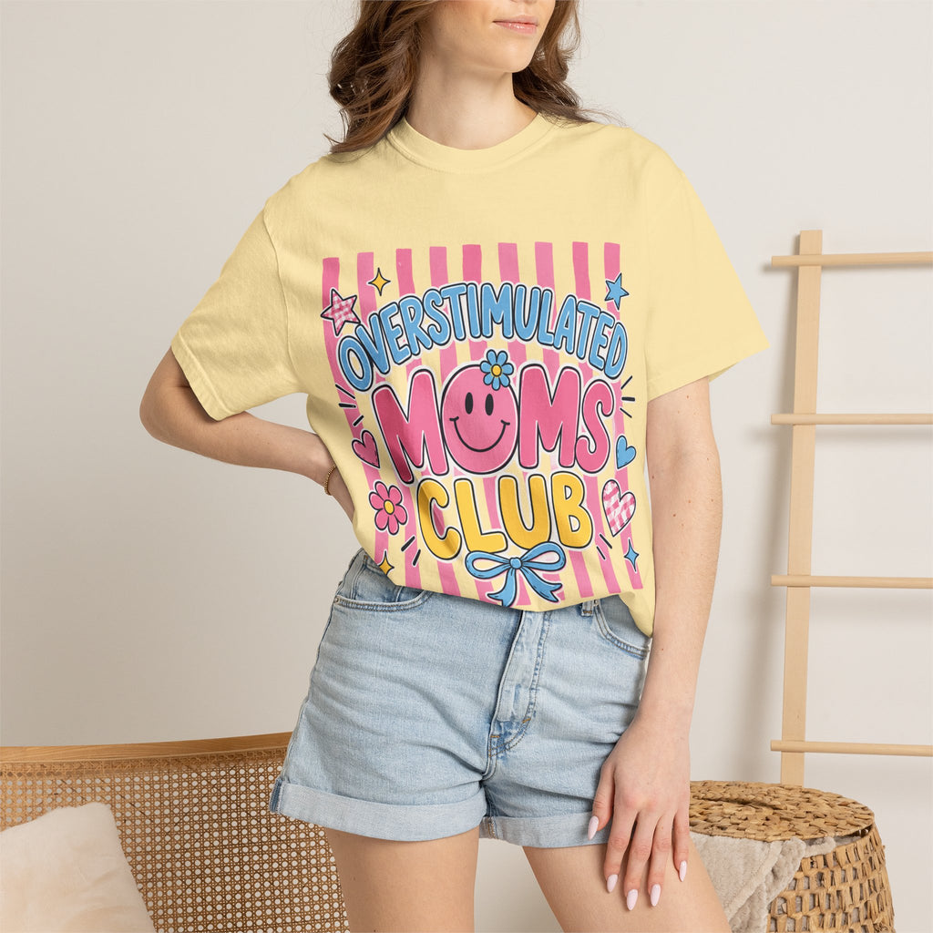 Overstimulated Moms Club T-Shirt — Cute Retro Pink Graphic Tee for Tired Moms
