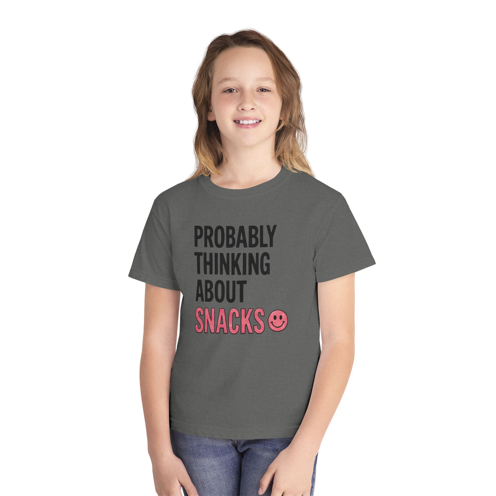 Youth Tee - "Probably Thinking About Snacks" Cute Smiley Graphic