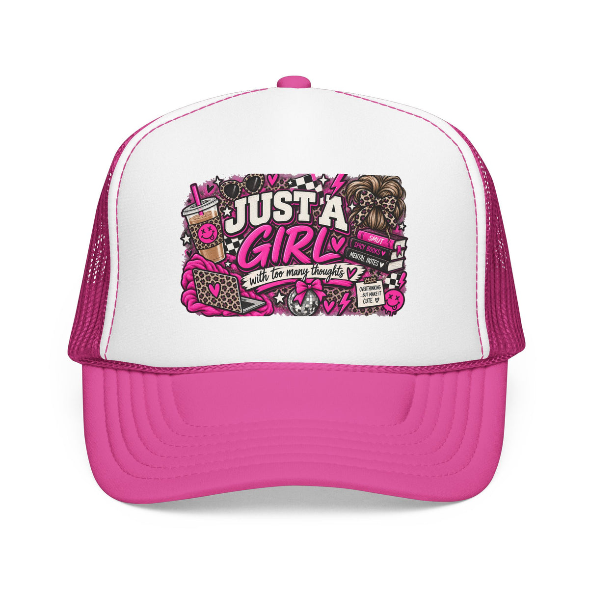 Just a Girl Foam Trucker Hat — Feminine Pink Retro Graphic Cap