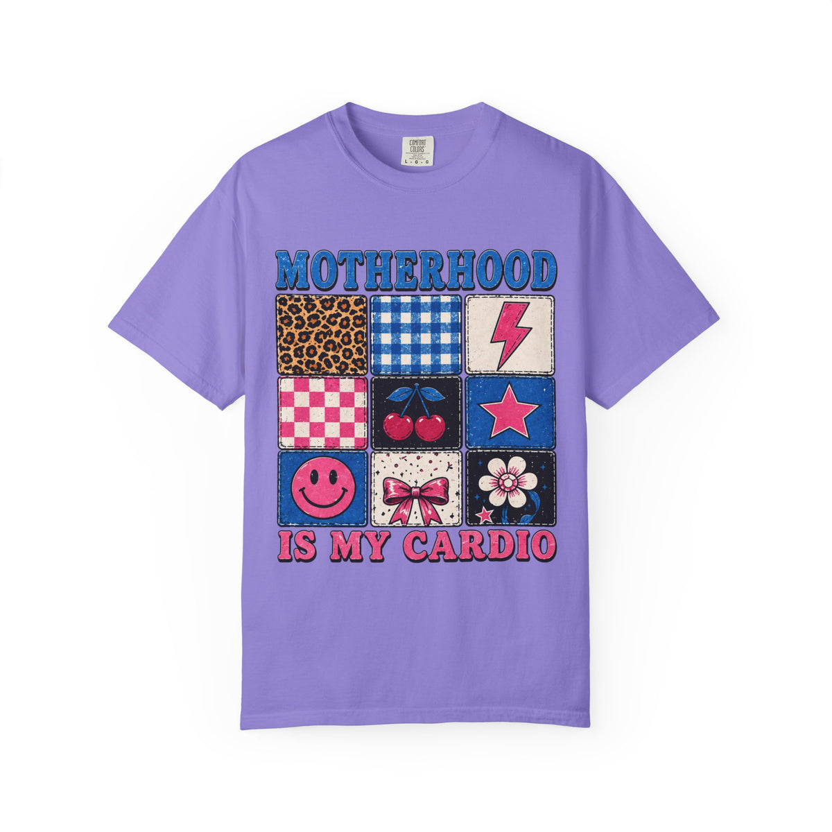 Motherhood Is My Cardio T-Shirt — Cute Patchwork Mom Graphic Tee