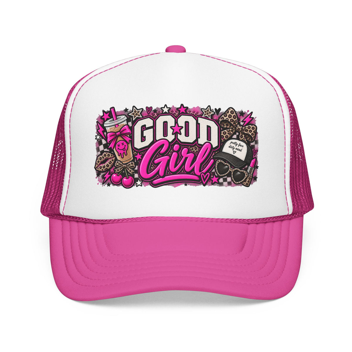 Good Girl Foam Trucker Hat — Pink Skull & Leopard Patch Cap