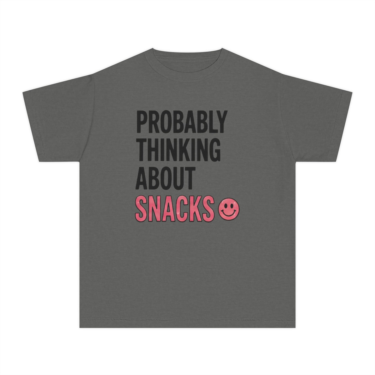Youth Tee - "Probably Thinking About Snacks" Cute Smiley Graphic
