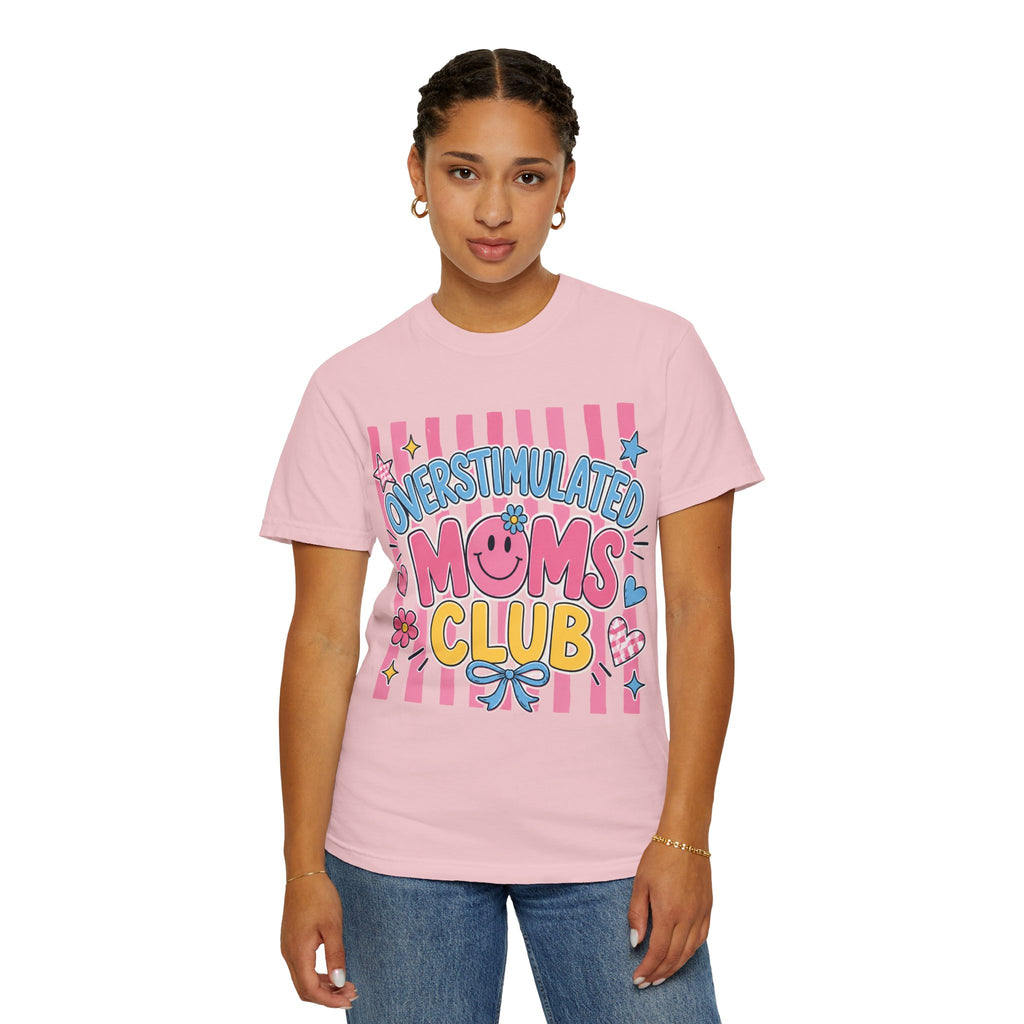 Overstimulated Moms Club T-Shirt — Cute Retro Pink Graphic Tee for Tired Moms