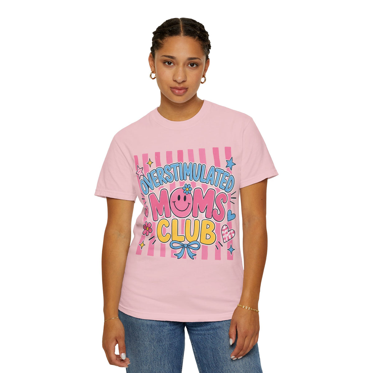 Overstimulated Moms Club T-Shirt — Cute Retro Pink Graphic Tee for Tired Moms