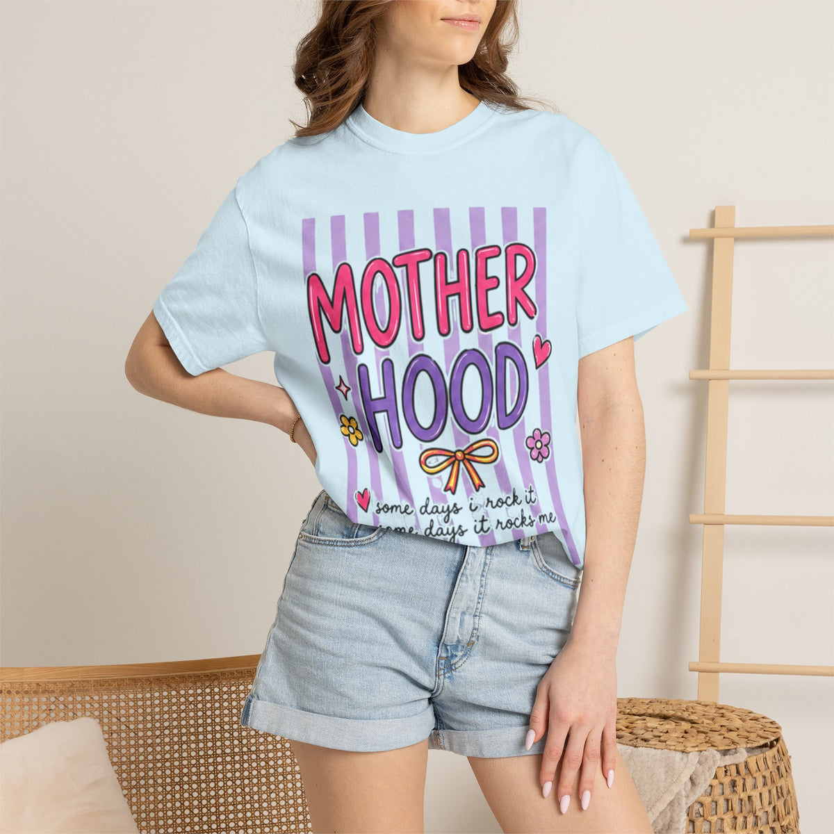 Motherhood Graphic T-Shirt — Cute Striped Mom Tee ("Mother Hood")