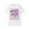 Motherhood Graphic T-Shirt — Cute Striped Mom Tee ("Mother Hood")