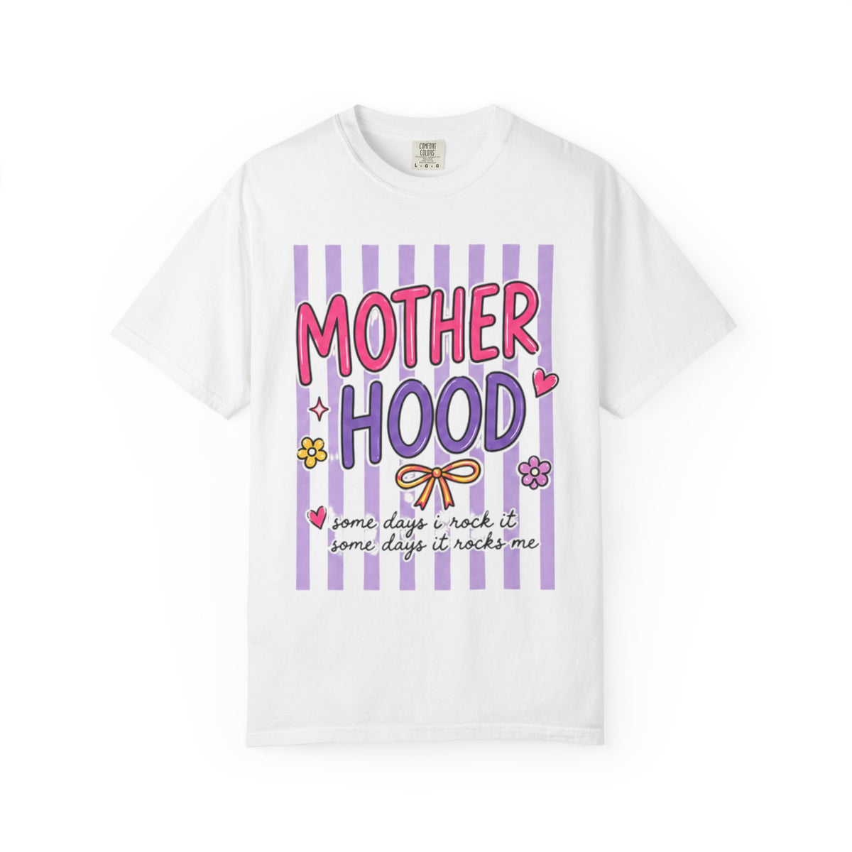 Motherhood Graphic T-Shirt — Cute Striped Mom Tee ("Mother Hood")
