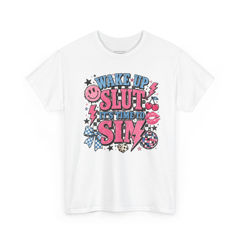 Graphic Tee — "Wake Up Slut, It's Time to Sin" Retro Pink Pop Design