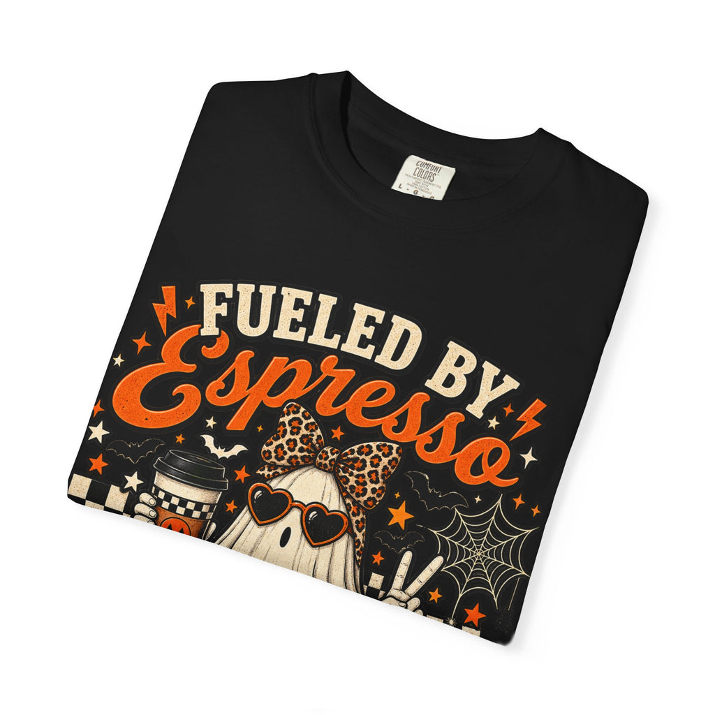 Halloween Coffee T-Shirt — "Fueled by Espresso, Poor Decisions" Ghost Design