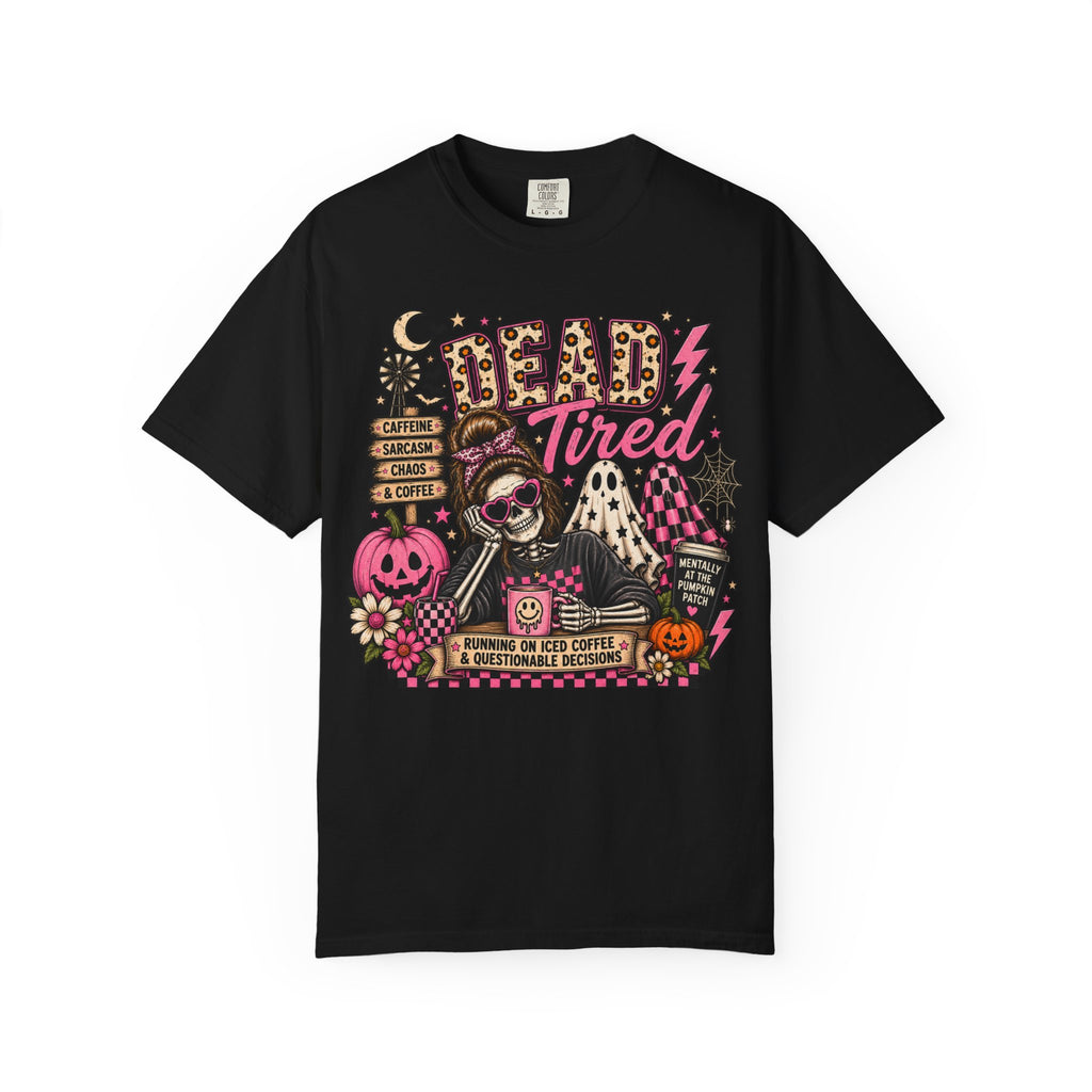 Dead Tired Halloween T-Shirt — Cute Gothic Skull Pumpkin Coffee Tee