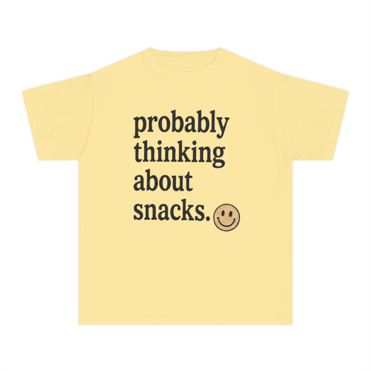 Youth Tee — "Probably Thinking About Snacks." Graphic Kids T‑Shirt, Cute Smiley Snack Shirt