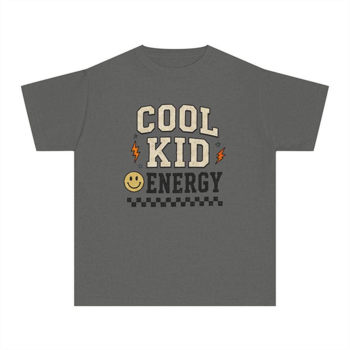 Cool Kid Energy Youth Tee — Retro Smile Lightning Graphic Shirt