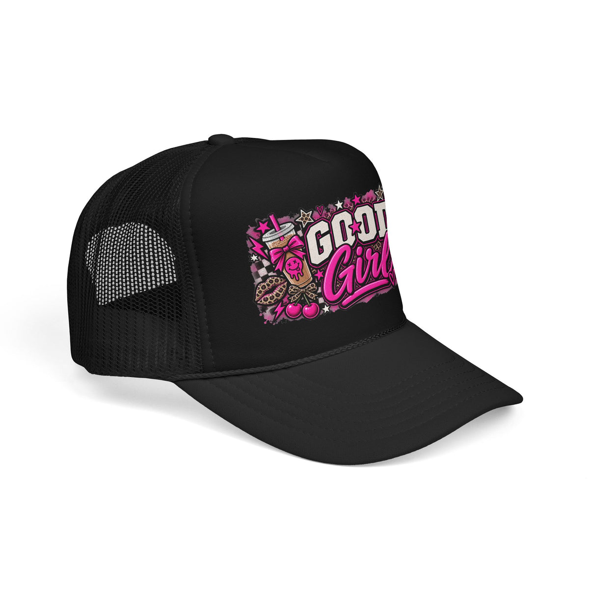 Good Girl Foam Trucker Hat — Pink Skull & Leopard Patch Cap