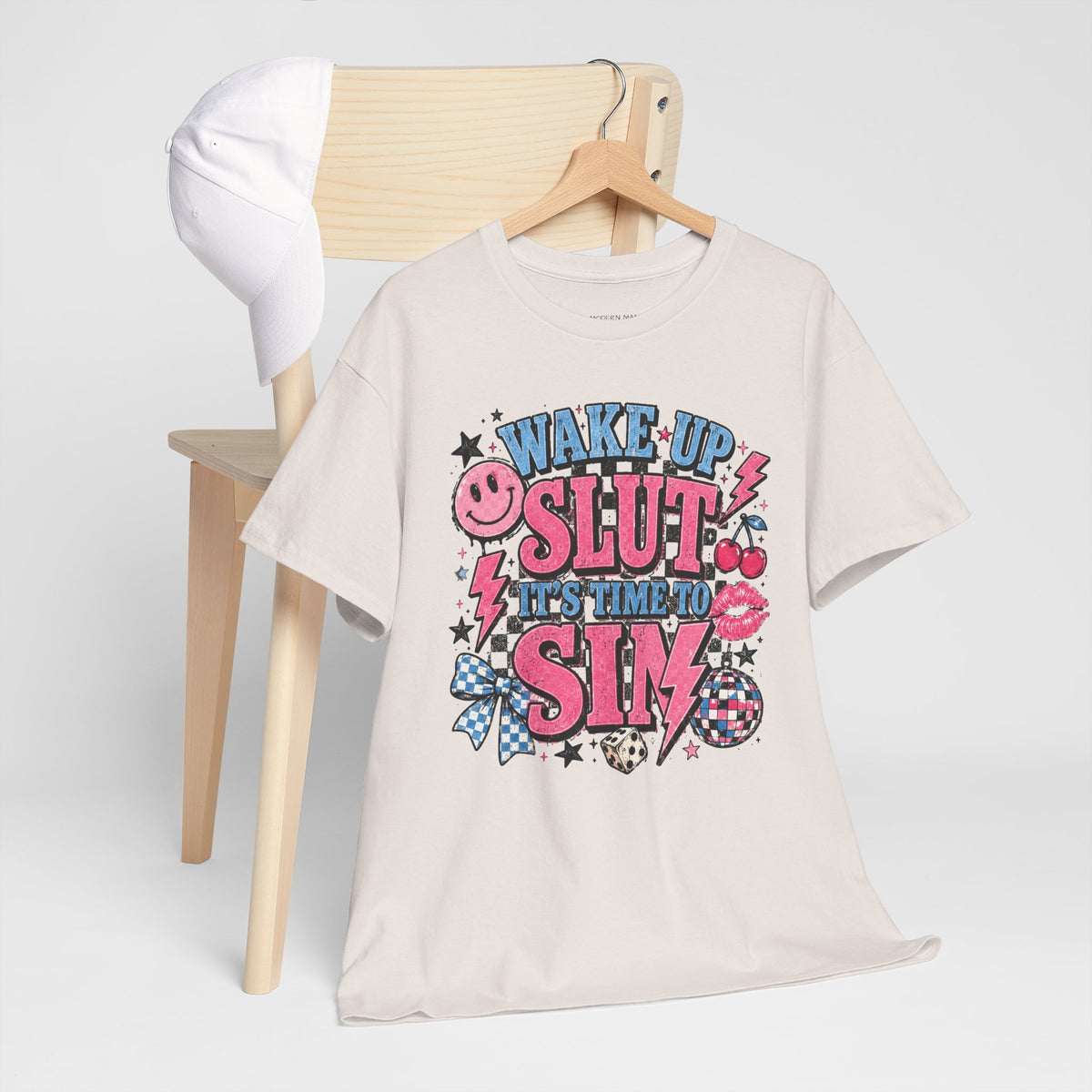 Graphic Tee — "Wake Up Slut, It's Time to Sin" Retro Pink Pop Design
